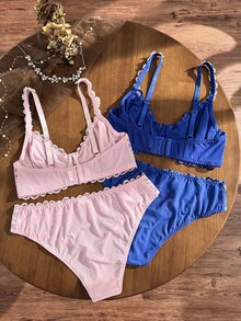 SHEIN مجموعة ملابس داخلية كلاسيكية مثيرة مطرزة بالدانتيل بحمالات + سروال داخلي قطعتين مقاس كبير - متعدد الألوان - مشاهدة 2