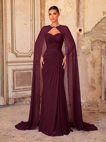 Aureia Elegant Luxury Burgundy Pleated Ruffle Fitted Mermaid Hem Evening Gown, Suitable For Evening Parties, Balls, Weddings, Events, Music Festivals (Heavy Workmanship Design) - Burgundy - View 6