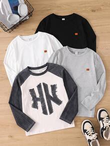 SHEIN 青少年男孩 4件組 春秋字母圖案長袖T恤 - 彩色 - 查看 2