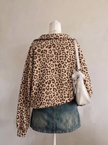 SHEIN EZwear 棕色卡其多巴胺豹紋半拉鍊運動衫，棕色調，秋季休閒街頭風，適合多種場合，Y2K復古風，返校季秋冬上衣 - 彩色 - 查看 2