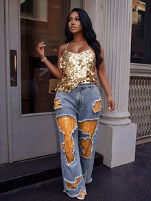 BriallanyX BriallanyX Plus Size Women's Casual Daily Denim Jeans With Pockets And Contrast Color Buttons - Blue - View 1