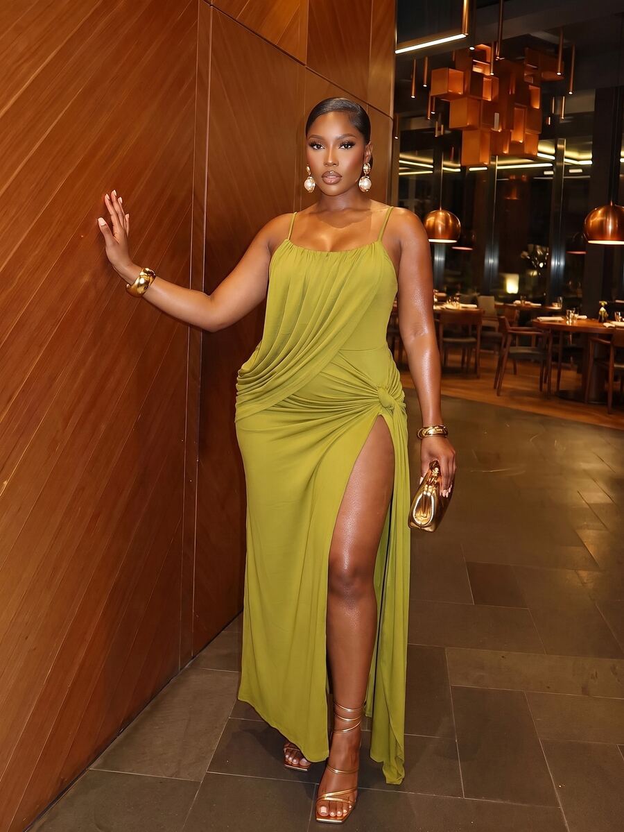 Slaydiva Plus Size Spaghetti Strap Draped Maxi Dress, High Slit Tie Side Formal Evening Party Dress For Curvy Women - Green - View 1