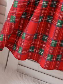 SHEIN Vintaside Kids Young Girls Christmas Red Plaid Long Sleeve Dress, Ruffle Trim & Black Bow Detail, A-Line Holiday Party Dress - Red - View 8