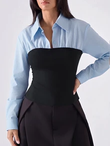 LYSMO Women's Contrast Color Lapel Long Sleeve Slim Fit Casual Shirt - Multicolor - View 7