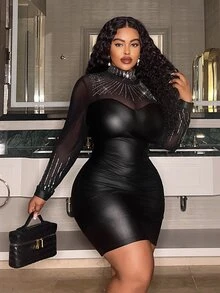 SHEIN CURVE+ Plus Size Women's Patchwork Rhinestone Mesh Stand Collar Long Sleeve PU Leather Fashion Dress - Black - View 4