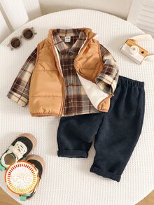 SHEIN 男嬰格紋領長袖鈕扣襯衫、無袖背心、鬆緊腰長秋季長褲 3 件套，百搭舒適 - 彩色 - 查看 5