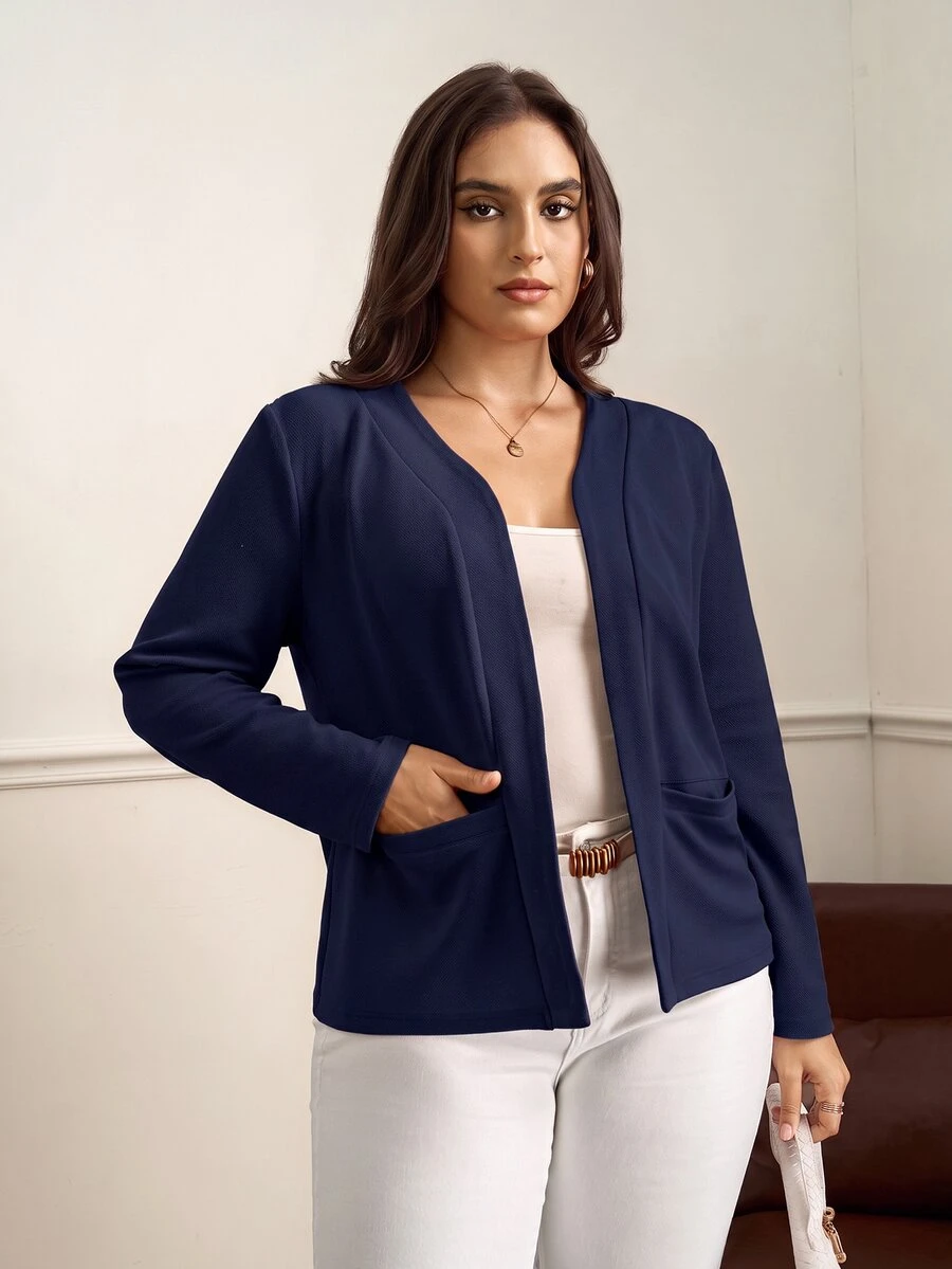 Chikora Plus Size Women's Collarless Pocket All-Match Elegant Minimalist Versatile Comfortable Red Regular Jacket,Fall Clothes For Women Winter Autumn - Navy Blue - View 1