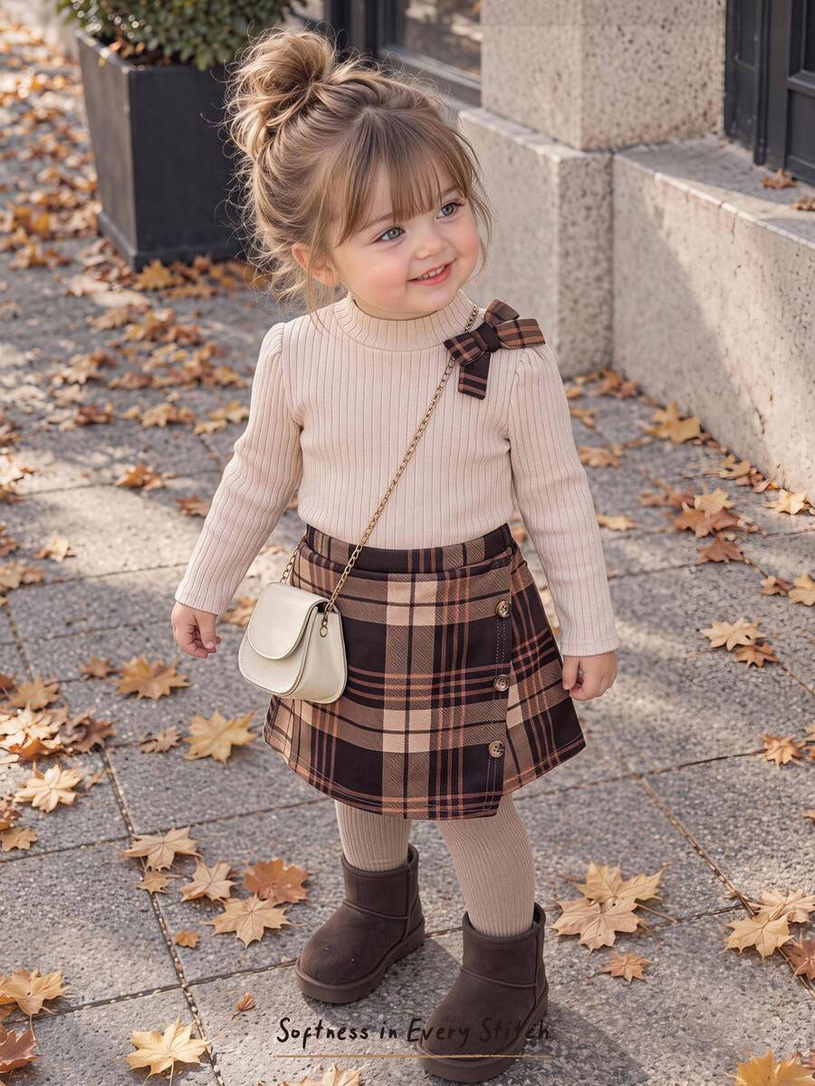 Cozy Pixies Baby Girl Mock Neck Bow Detail Rib-Knit Tee & Plaid Print Wrap Asymmetrical Hem Skort Set - Multicolor - View 1