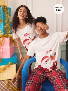 Chillnights Couples Cute Cow Cartoon Print Men's Loungewear Set - Red and White - View 7