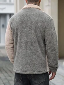Manfinity Homme 男士純色對比飾邊鈕扣前襟口袋毛絨長袖休閒夾克，高領男士，男士，法蘭絨法蘭絨，冬季 - 杏色 - 查看 2