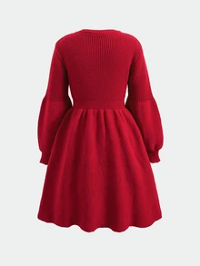 SHEIN Tween Girl 秋冬優雅可愛紅色3D針織套頭洋裝，適合日常穿著、秋冬外出、聖誕紅色洋裝 - 紅色 - 查看 4