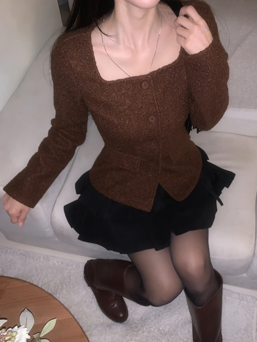 DAZY Women's Solid Color Square Neck Long Sleeve Single-Breasted Elegant Jacket - Brown - View 1