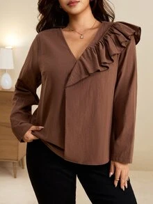 Edennvi Plus Size Solid V-Neck Ruffle Trim Blouse - Brown - View 3