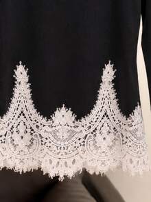 SHEIN Tween Girls T-Shirts Contrast Kids Black Lace Patchwork Elegant Long Sleeve - Black - View 3