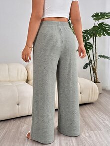 Solflare Nya bekväma mjuka långa plus size-byxor med elastisk midja, knytning, borstad ribbstickning, varma, aprikosfärgade och lösa för hemmet och dagligt bruk - Ljusgrå - Visa 2