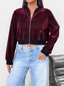 SHEIN EZwear 大尺碼女款幻彩短版長袖夾克外套 冬季秋季 - 酒紅色 - 查看 3
