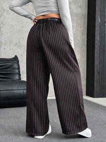 SHEIN EZwear 大尺碼純色鈕扣開合休閒寬腿褲附腰帶 秋冬款 - 黑色 - 查看 2