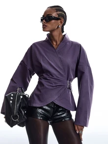 LYSMO Women's Solid Color Side Waist Eyelet Buckle Design Long Sleeve Jacket - Purple - View 6