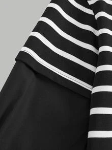 SHEIN Teen Girl Striped Crew Neck 2 In 1 Long Sleeve T-Shirt - Black and White - View 8