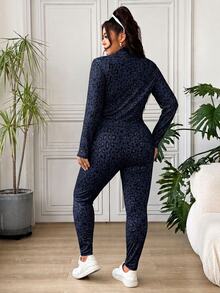 SHEIN EZwear 大尺碼女款豹紋內搭上衣、長袖開襟衫與內搭褲休閒運動牛仔日常套裝，灰色，適合秋季健身教練穿著 - 藏蓝色 - 查看 2