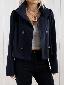 SHEIN EZwear 卡其色梭織鈕扣前襟風衣 女款 辦公商務 秋季 優雅休閒 教師節 - 藏蓝色 - 查看 7
