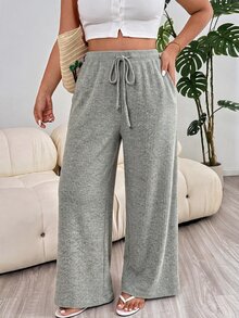 Solflare Nya bekväma mjuka långa plus size-byxor med elastisk midja, knytning, borstad ribbstickning, varma, aprikosfärgade och lösa för hemmet och dagligt bruk - Ljusgrå - Visa 4