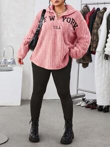 SHEIN EZwear 2件組休閒字母印花拉鍊抓絨連帽衫與修身瑜伽褲，百搭大尺碼，秋冬款 - 粉色 - 查看 3
