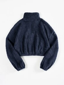 SHEIN EZwear 秋季女款半拉鍊深灰色刷毛字母貼布設計短版休閒衛衣，校園假期街頭風 - 藏蓝色 - 查看 2
