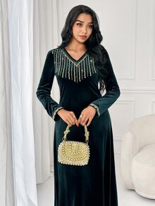 Al Najma Women's V-Neck Colorblock Casual Party Arabian Dress - Dark Green - View 5
