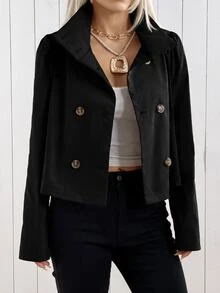 SHEIN EZwear 卡其色梭織鈕扣前開襟女款風衣，適合辦公商務、秋季優雅休閒，教師節穿搭 - 黑色 - 查看 8