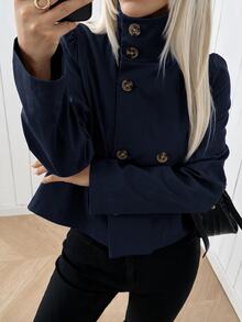 SHEIN EZwear 卡其色梭織鈕扣前襟風衣 女款 辦公商務 秋季 優雅休閒 教師節 - 藏蓝色 - 查看 3