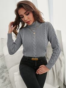 SHEIN كنزة صوفية نسائية مقاس كبير محبوكة بكابلات بياقة عالية وأكتاف منخفضة وأكمام طويلة - رمادي - مشاهدة 6