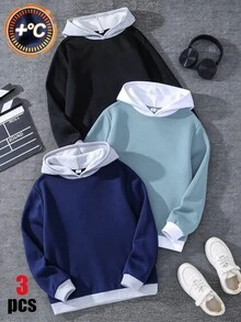 SHEIN 3件組兒童青少年男孩連帽衛衣套裝，百搭休閒多功能，適合秋冬穿著 - 彩色 - 查看 3