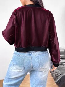 SHEIN EZwear 大尺碼女款幻彩短版長袖夾克外套 冬季秋季 - 酒紅色 - 查看 2