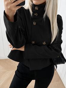 SHEIN EZwear 卡其色梭織鈕扣前開襟女款風衣，適合辦公商務、秋季優雅休閒，教師節穿搭 - 黑色 - 查看 5