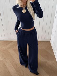 SHEIN EZwear 米色針織女款圓領長袖T恤與長褲套裝，居家旅行秋季休閒日常穿搭 - 藏蓝色 - 查看 8