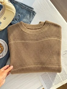 Comfortcana 大尺碼純色春季羅紋針織毛衣，冬季秋季女裝 - 卡其色 - 查看 5