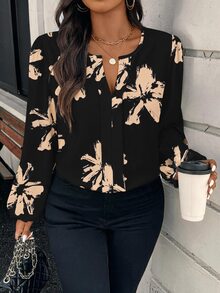 Rosumi Áo blouse size lớn thanh lịch đơn giản tay lồng đèn cổ khoét lỗ, mùa thu - Nhiều màu - Xem 1