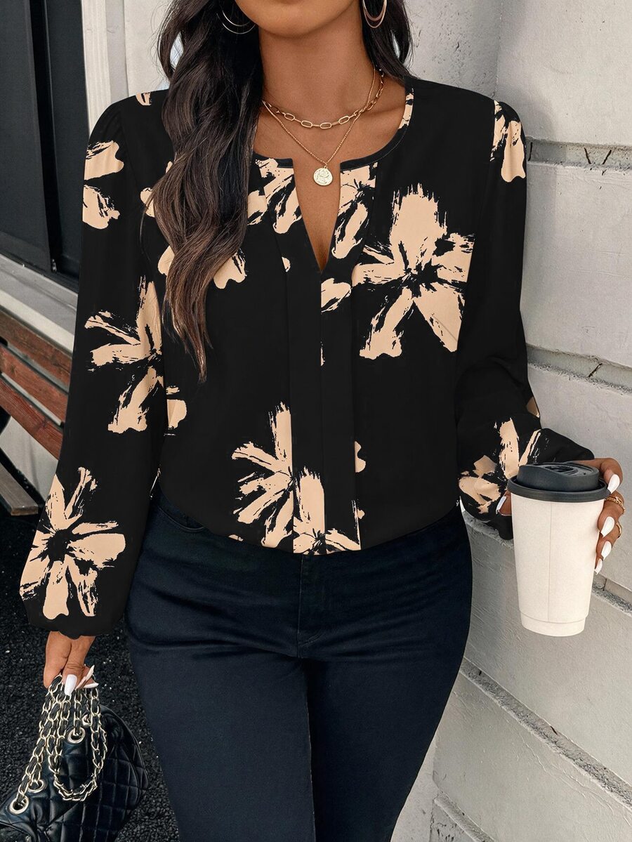 Rosumi Áo blouse size lớn thanh lịch đơn giản tay lồng đèn cổ khoét lỗ, mùa thu - Nhiều màu - Xem 1