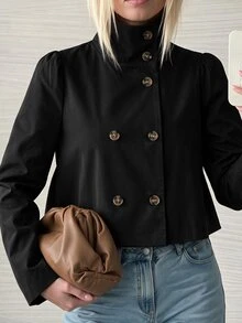 SHEIN EZwear 卡其色梭織鈕扣前開襟女款風衣，適合辦公商務、秋季優雅休閒，教師節穿搭 - 黑色 - 查看 1