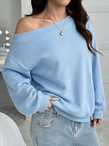 SHEIN EZwear 女款寬鬆斜肩保暖內裡運動衫，黑色，秋冬外出週日海灘休閒款 - 淺藍色 - 查看 6