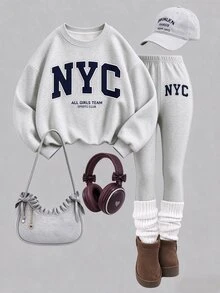 時尚復古純灰色簡約百搭 NYC 字母印花女款休閒抓絨圓領套頭衛衣＋內搭褲 2 件套，新款適合秋冬日常、外出、校園、運動，隨性時髦美式街頭甜酷風 - 白色 - 查看 4