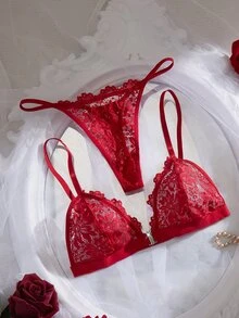 Crystal Vow Sexy Lace Patchwork Front Closure Women's Lingerie Set 2pcs - Burgundy - View 3
