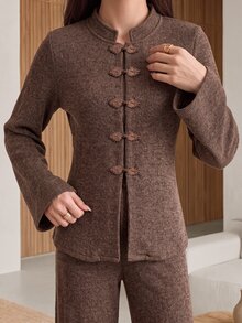 Rue Lumi Setelan Kasual Sehari-hari Wanita: Jaket Lengan Panjang dan Celana Warna Polos - Coklat - View 3