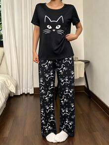 SHEIN Women's Cartoon Print Short Sleeve Top And Long Pants Casual Daily Home Pajama Set - Multicolor - View 6