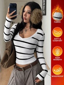 Coolane 女款冬季街頭風外出約會辦公穿搭修身保暖羅紋針織白色V領T恤，冬季女裝休閒上衣 - 白色 - 查看 1