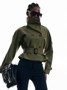 LYSMO Women's Solid Color Stand Collar Casual Versatile Trench Coat Jacket - Army Green - View 6