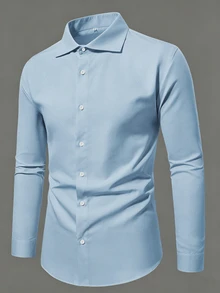 Manfinity Mode Men's Plus Size Solid Color Business Casual Fitted Long Sleeve Formal Shirt , Office Wear Shirt For Men, Business Shirt For Men, Ceremony - Blue - View 5