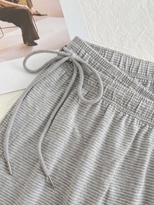 Comfortcana 大尺碼女款棕色白色條紋休閒傳統西式抽繩長褲，秋季居家服曲線睡褲下身，感恩節正式晚裝 - 淺灰色 - 查看 6