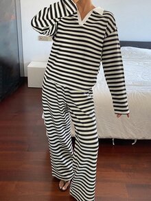 DAZY Women's Striped Lapel Long Sleeve T-Shirt And Pants Casual 2 Pieces Set - Black - View 3